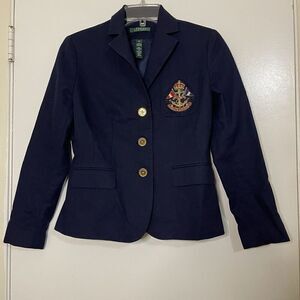 Ralph Lauren Gold Crest Logo embroidered Button Blazer Navy Rugby Academia XS
